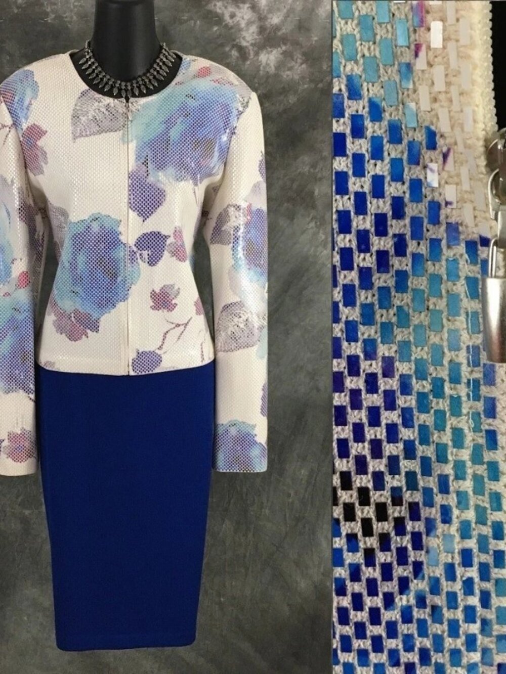 BEAUTIFUL St John knit blue white purple multi jacket skirt suit size 6 8